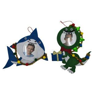 Studio Decor Blue Shark & Green Dinosaur Holiday Felt Ornament Photo Frames NEW
